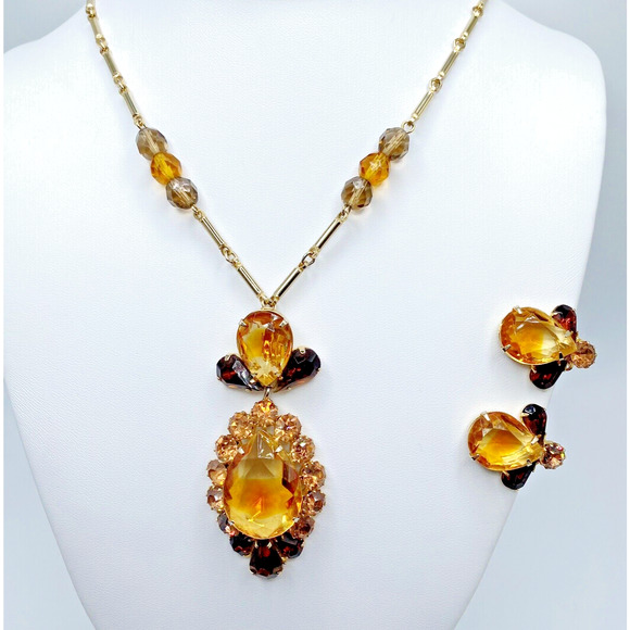 Vintage Jewelry - Vintage Givre Bi Color Glass Rhinestone Necklace Earrings Set High Quality Demi